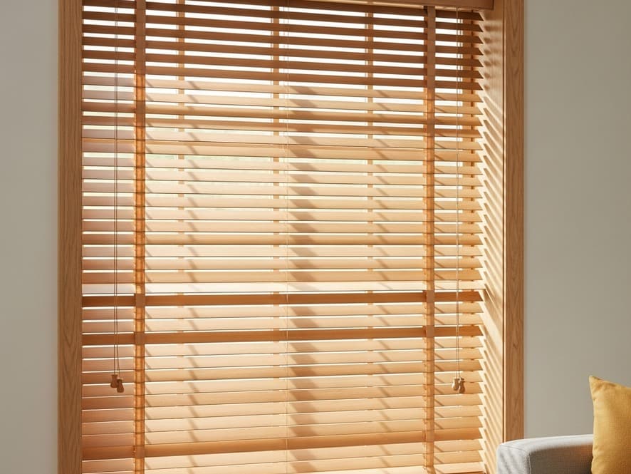 Persianas de madera cálida con vetas naturales y tablillas visibles