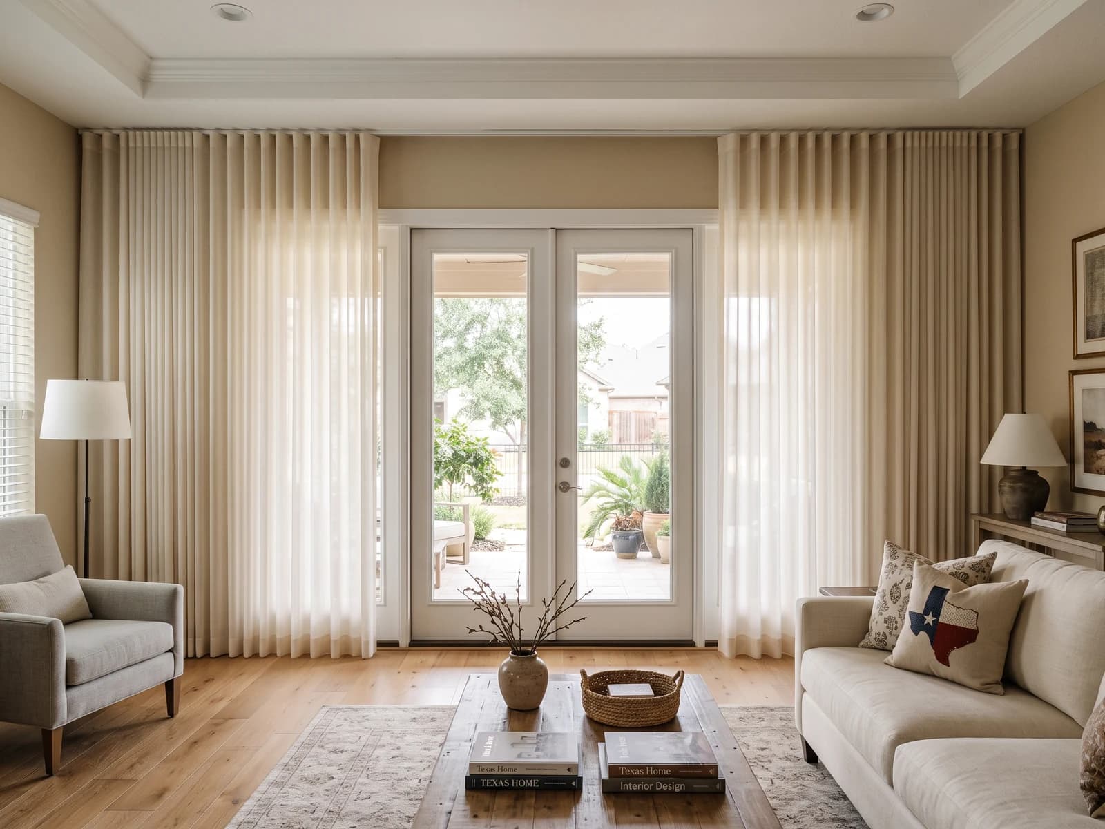 Cortinas Ripple Fold transparentes color marfil cálido en una sala de Katy