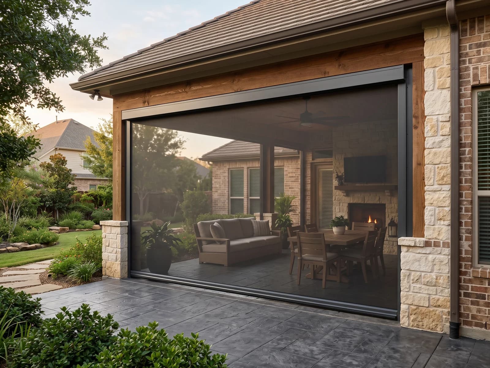 Charcoal ZIP exterior roller shade fully lowered across a covered Katy patio with its cassette, side channels and weighted bottom rail