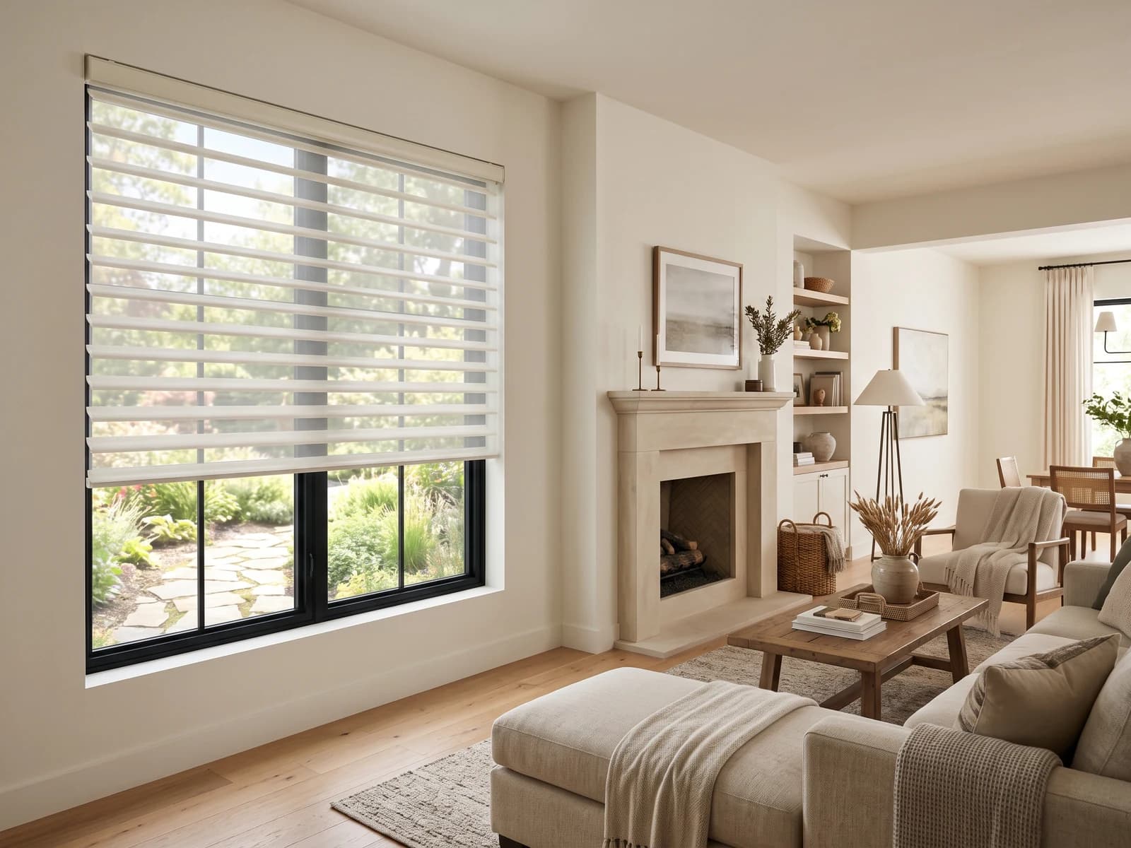 Ivory SheerView shade with soft fabric vanes filtering daylight in a Katy family living room