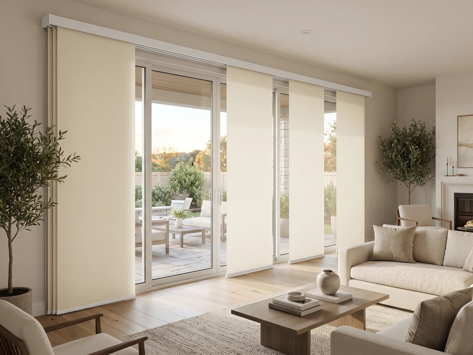 Warm ivory sliding panels partially stacked across a wide patio door in a Katy living room