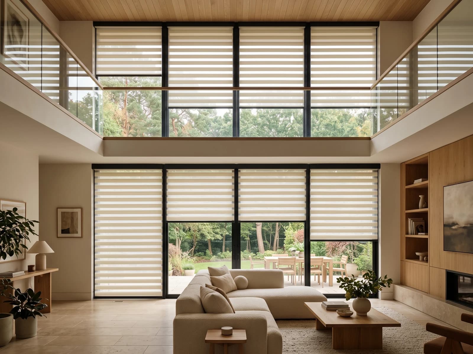 Cortinas Zebra color marfil cálido en ventanas superiores e inferiores